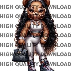 May include: A brown teddy bear with long black hair wearing a white tank top, white trousers, and black and pink trainers. The bear is holding a black handbag and wearing gold jewellery and sunglasses.