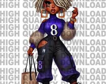 May include: A digital illustration of a woman with blonde dreadlocks wearing a purple sweater with the number 8 on it, black cargo pants, brown boots, and gold earrings. She is carrying a brown tote bag.