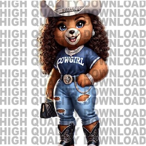 Realistische digitale kunst cowgirl-teddybeer | Vrouwelijke cartoonstijl | Cowboyhoed en laarzen | Stedelijk modedecor
