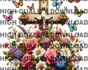 Watercolor Cross PNG – Floral Butterfly Christian Clipart (Digital Download)