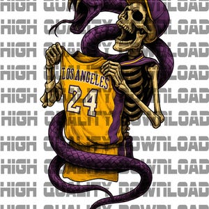 May include: A purple and black snake wrapped around a skeleton wearing a yellow and purple basketball jersey with the text "Los Angeles" and the number "24".