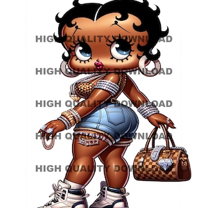 May include: A cartoon illustration of a woman with brown skin wearing a gold and black top, denim shorts, and white sneakers. She is accessorized with a diamond necklace, bracelets, and earrings. She is carrying a brown and gold handbag with a diamond pattern.