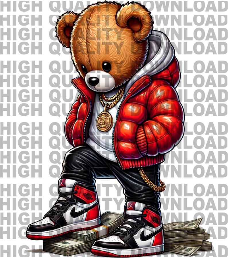 May include: A brown teddy bear wearing a red puffer jacket, black pants, and red and white sneakers. The bear is standing on a pile of money.