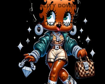 Op de afbeelding: Een cartoonillustratie van een vrouw met een bruine huid en zwart haar, die een groene jas, een gestreept shirt, een witte broek en witte sneakers draagt. Ze houdt een ketting met diamanten in de ene hand en een bruin-wit geblokte handtas in de andere. De achtergrond is zwart met witte sterren.