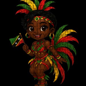 Puede incluir: Ilustración de dibujos animados de una persona con un disfraz de carnaval, sosteniendo una bandera. El disfraz es rojo, verde y amarillo, con tocado y plumas a juego. La bandera presenta un diseño verde, rojo y negro con dos estrellas.