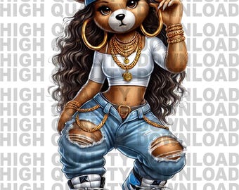 Urban Streetwear Teddy Bear PNG – Female Character with Curly Hair, Baseball Cap, & Hip Hop Jewelry – png Digital Clip Art