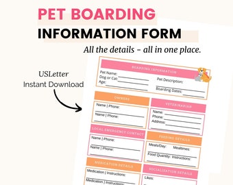 Pet Boarding Information, Pet Kennel Info Form