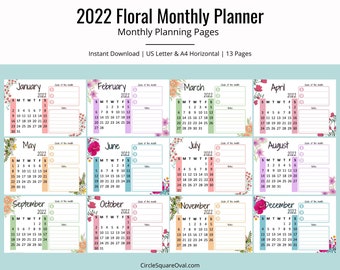 2022 Floral Planner, Monthly Planner for 2022, Floral Calendar, Bright and Colorful Calendar Planner