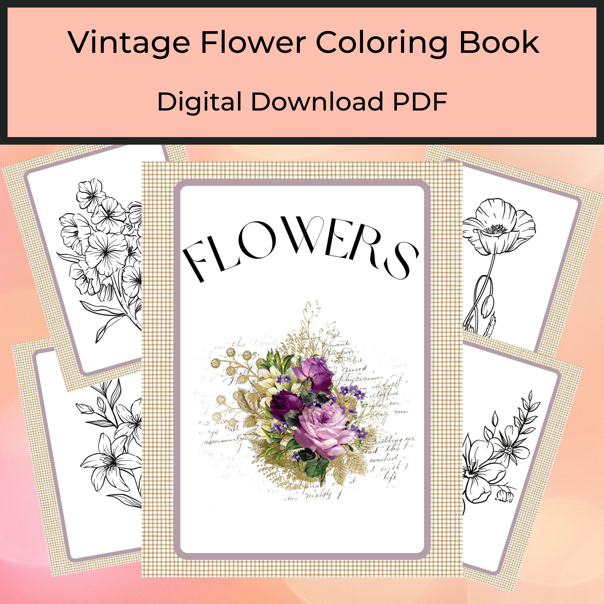 Vintage Flower Adult Coloring Book PDF Digital Download
