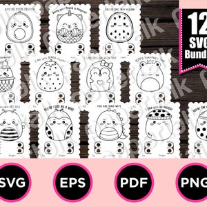 May include: A set of 12 black and white printable Valentine's Day cards featuring cute cartoon characters. The cards are designed for coloring and have a space for a message, "to" and "from".