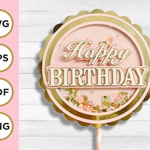 Shaker Cake Topper SVG, joyeux anniversaire, cercle de pétoncles, fichier de coupe, machine à cricut, 3d, superposition de couches, instruction, décoration de gâteau rond, fichier numérique