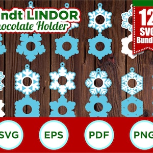 Peut inclure: Un ensemble de 12 fichiers de découpe SVG en forme de flocon de neige bleu pour créer des supports à chocolat Lindt Lindor. Le texte "12 SVG Bundle" est dans un rectangle rouge en haut à droite de l'image.