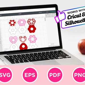 May include: A laptop displays a design with flower and heart shapes in red and pink. The screen shows the text "WORKS WITH Cricut & Silhouette". Below are pink circles with the letters SVG, EPS, PDF, and PNG.