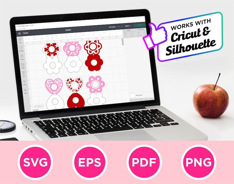 May include: A laptop displays a design with flower and heart shapes in red and pink. The screen shows the text "WORKS WITH Cricut & Silhouette". Below are pink circles with the letters SVG, EPS, PDF, and PNG.