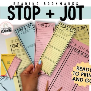May include: A set of printable reading bookmarks with the text "STOP + JOT" and different sections for "Beginning", "Middle", and "Prediction". The bookmarks are in pink, yellow, and blue.