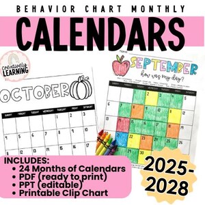 May include: An image showing two monthly behaviour chart calendars. The calendars are for October and September, with a pumpkin and apple illustration. The image includes the text "CALENDARS" and "2025-2028".