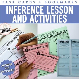 May include: Educational materials for inference lessons. The image shows task cards, bookmarks, and worksheets with the text "Inference Lesson and Activities." Pink, green, and blue cards are visible, along with a hand holding a pencil.