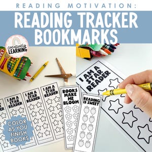 May include: Four printable bookmarks with different designs for tracking reading progress. The bookmarks feature black and white illustrations of stars, flowers, and strawberries. The text on the bookmarks reads "I am a star reader", "Books make me bloom", and "Reading is sweet".