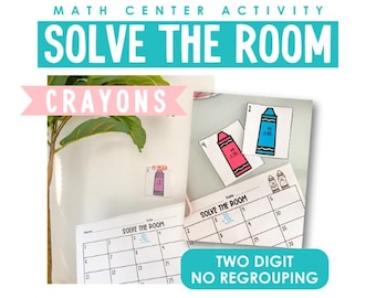 May include: A math center activity for kids called "Solve the Room" with a two-digit addition worksheet and cards featuring crayons with math problems. The worksheet has the title "Solve the Room" and the words "Two Digit No Regrouping".