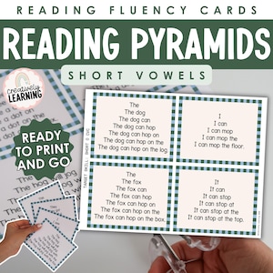May include: Literacy resource: "Reading Pyramids" fluency cards for short vowels. The cards, designed for early readers, feature CVC words and sentences. The image includes the phrase "Ready to Print and Go."