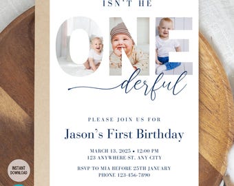 Isn't He One-derful First Birthday for Son - Digital Invite Template - Edit in Canva and Print at Home! First Birthday, Baby Boy Birthday