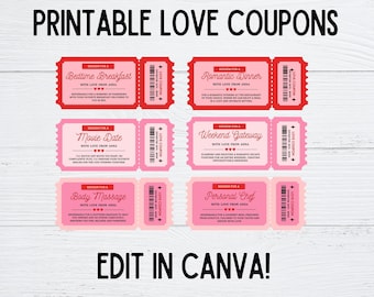 Love Coupon Template - Valentine DIY Gift for Couples, Activity Tickets - Digital Download Gift Idea - Date Night - Romance Print at Home