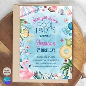 Editable Pool Party Invitation for Girl’s Birthday, Summer Party | Summer Watercolor Swim Party Invite | Digital Download Printable Template