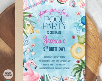 Editable Pool Party Invitation for Girl’s Birthday, Summer Party | Summer Watercolor Swim Party Invite | Digital Download Printable Template