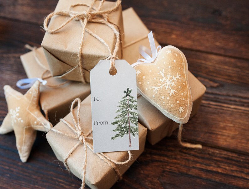 May include: A stack of brown wrapped gifts tied with twine and a gift tag with a green pine tree illustration. The tag says "To:" and "From:". There is a heart-shaped ornament with a snowflake design and a star-shaped ornament with a snowflake design.