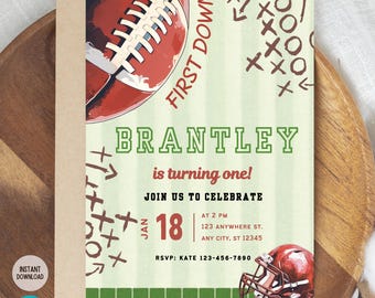 First Down Football Themed Invite Template - Digital Download Invite for Baby First Birthday - Sport Theme Party, Football First Year Down