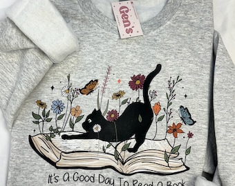 Es un buen día para leer un libro, sudadera con cuello redondo, sudadera con gato de libro, sudadera para amantes de los libros, regalo para amantes de los libros, linda sudadera con gato y libro, suéter para amantes de los gatos