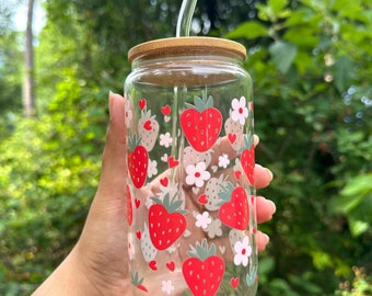 Strawberry and Flowers Cute Glass Can Combo, Aesthetic 16oz Coffee Glass with Bamboo lid & glass straw, Summer Coffee Cup,Summer iced coffee