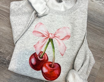 Coquette Cherry and Bow Sweatshirt, Coquette Aesthetic Sweatshirt, Ribbon Crewneck, Cottage Core Sweatshirt, Coquette Clothing, Trendy Crew