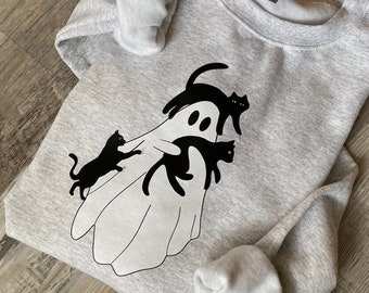 Halloween Ghost Cat Sweatshirt, Cat Halloween Sweatshirt, Funny Halloween Shirt, Ghost Black Cat Shirt, Fall Sweatshirt, Halloween Shirt