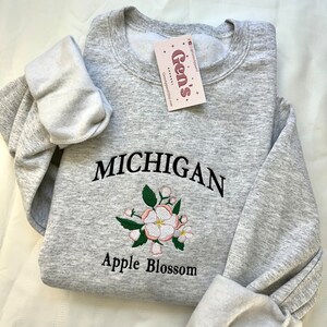 Michigan Embroidered Sweatshirt, State Sweatshirt, Michigan Flower Sweatshirt, Apple Blossom, Trendy Sweatshirt, Custom Embroidered image 1