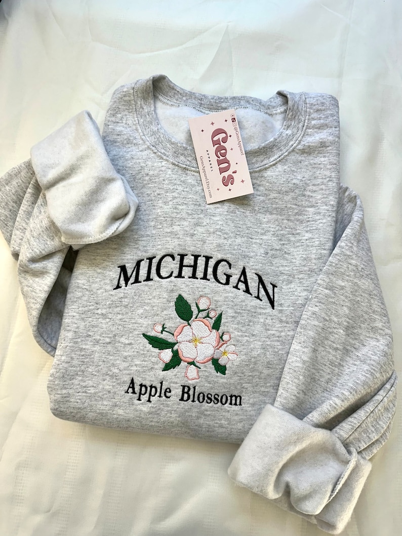Michigan Embroidered Sweatshirt, State Sweatshirt, Michigan Flower Sweatshirt, Apple Blossom, Trendy Sweatshirt, Custom Embroidered image 1