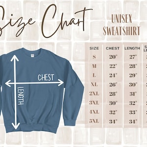 May include: Unisex sweatshirt size chart with measurements in inches for chest, length, and sleeve length. Sizes range from S to 5XL.