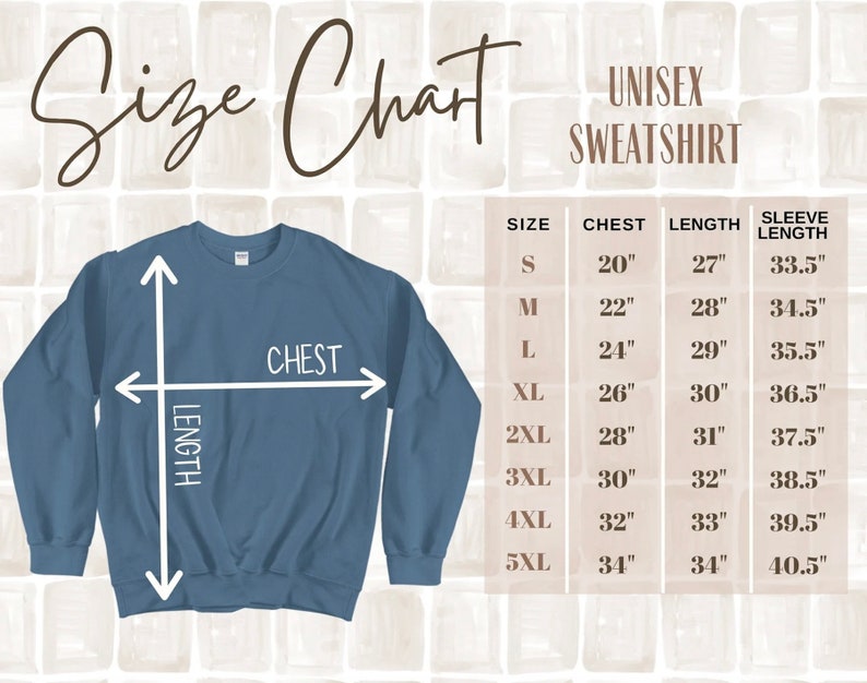May include: Unisex sweatshirt size chart with measurements in inches for chest, length, and sleeve length. Sizes range from S to 5XL.