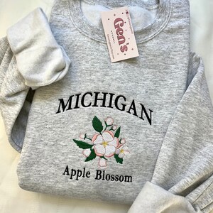 Michigan Embroidered Sweatshirt, State Sweatshirt, Michigan Flower Sweatshirt, Apple Blossom, Trendy Sweatshirt, Custom Embroidered image 4