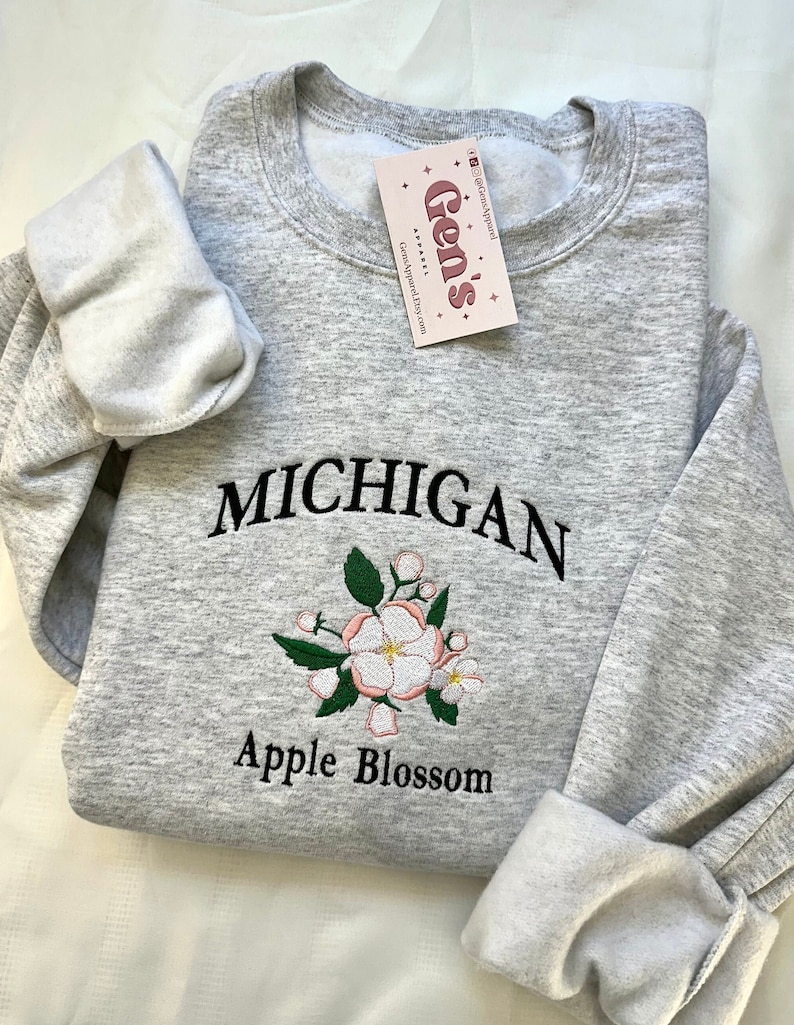 Michigan Embroidered Sweatshirt, State Sweatshirt, Michigan Flower Sweatshirt, Apple Blossom, Trendy Sweatshirt, Custom Embroidered image 4