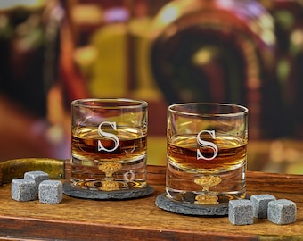 Personalized Whiskey Glasses | Monogram Whiskey Glasses | Etched Whiskey Glasses | Custom Bourbon Glasses | Whiskey Gift Box Glass Set