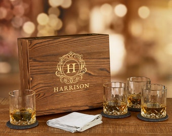 Personalized Wood Box Whiskey Glass Set | Wood Box Set | Custom Box Set | Wood Gift Box | Slate Coasters | Whiskey Stones | Whiskey Gifts