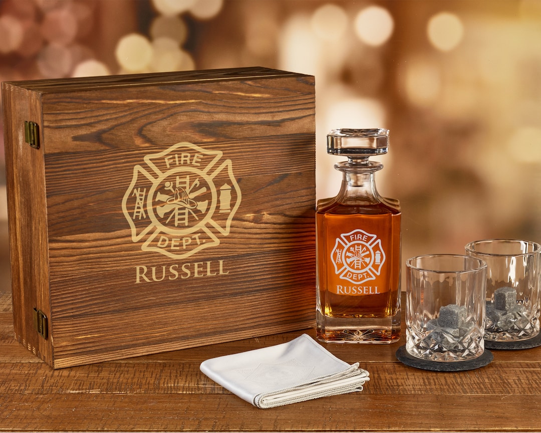 Firefighter Decanter Set Fireman Wood Box Decanter Personalized Bourbon ...