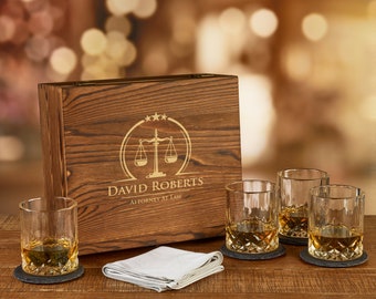 Lawyer Whiskey Glass Set | Attorney Wood Box Set | Scales of Justice | Wood Gift Box | Slate Coasters | Whiskey Stones | Gifts for Judges