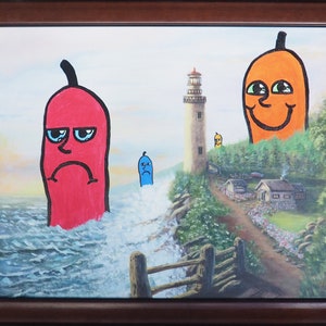 Paysage repeint avec monstre -- Fantômes d'émotion avec phare -- Peinture originale repeinte comprenant maintenant des monstres de bande dessinée