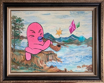 May include: A pink cartoon character with a purple nose plays a brown pipe in a landscape painting. The background features blue water, green mountains, and colorful gems.