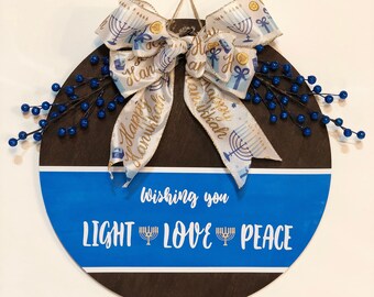 Hanukkah Door Hanger | Happy Hanukkah Sign | Hanukkah Decor | Hanukkah Wood Sign | Hanukkah Wreath | Hanukkah Wishes Sign