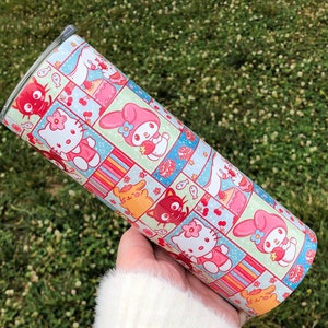 Vaso de acero inoxidable con diseño de gatito y amigos de patchwork de Kawaii