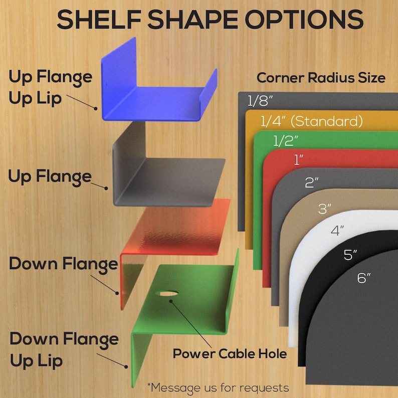 May include: Image showing shelf shape options with various corner radius sizes. Includes examples of Up Flange, Down Flange, and Up Lip designs. Corner radius sizes range from 1/8" to 6". Text on the image says "Shelf Shape Options".