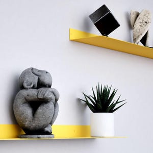 Yellow metal wall shelf with monkey, aloe vera plant elephant on shelf.